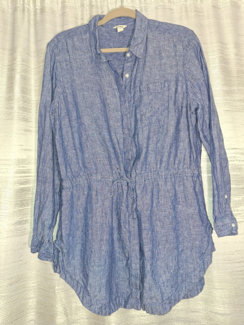 L.L.Bean Blue Button-Up 100% Linen Shirt Large Petite